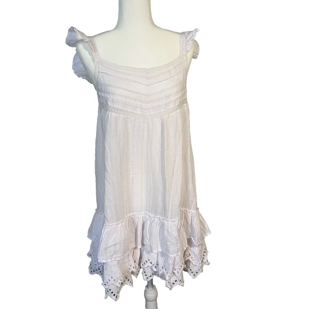 Shabby Chic White Pink‎ Striped Nightgown Square Neck Lace Ruffle Cotton Size M